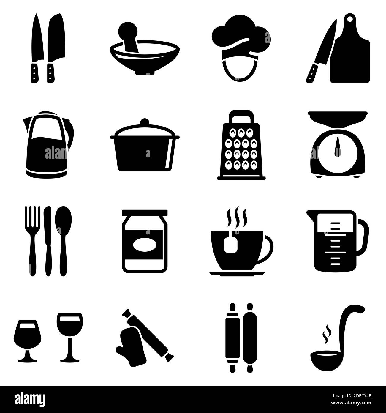 Satz von einfachen Symbolen auf einem Thema Küchenutensilien, Vektor, Design, Sammlung, flach, Zeichen, Symbol, Element, Objekt, Illustration. Schwarze Symbole isoliert ag Stock Vektor