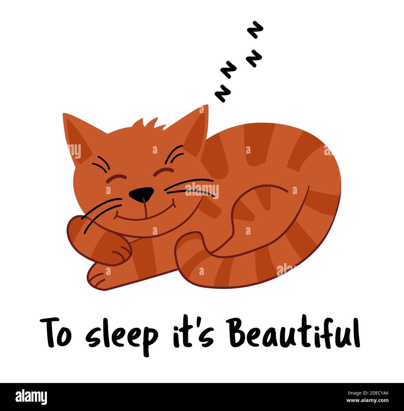 Nette Haustier Katze glücklich schlafen. Zu schlafen ist schön. Flaches Design. Isoliert auf weißem Hintergrund. Vektorgrafik. Stock Vektor