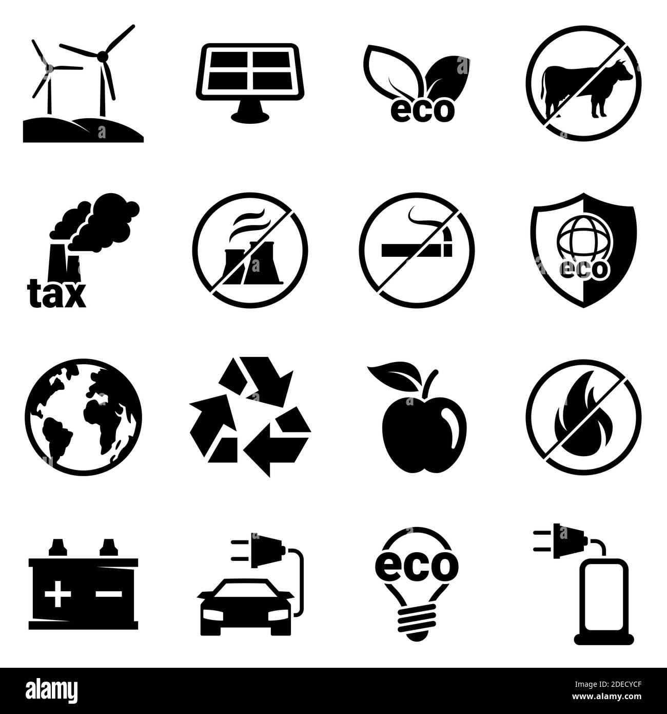 Satz von einfachen Symbolen auf einem Thema Eco, Vektor, Design, Sammlung, flach, Zeichen, Symbol, Element, Objekt, Illustration. Schwarze Symbole gegen weiße isoliert b Stock Vektor