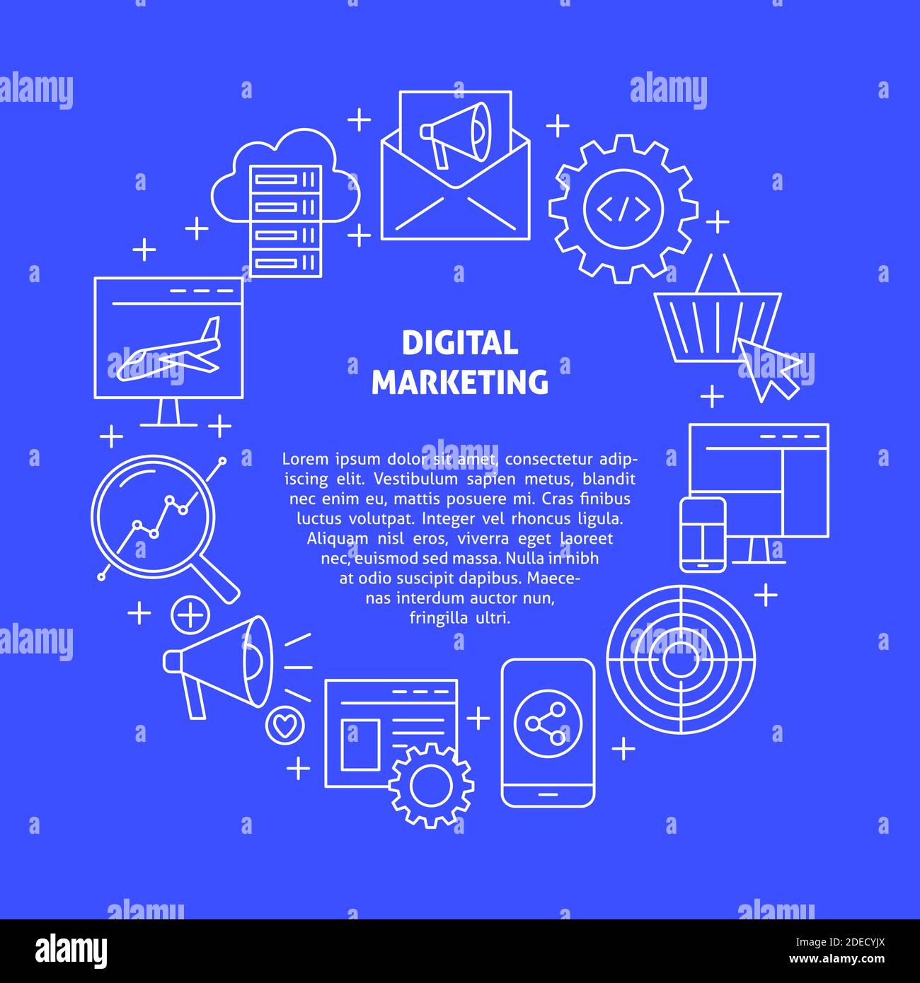 Digitales Marketing-Banner mit rundem Rahmen und Text. Poster mit Symbolen zur Suchmaschinenoptimierung. Vektorgrafik. Stock Vektor