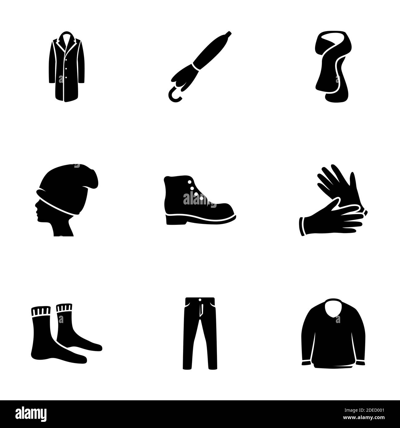 Satz von einfachen Symbolen auf einem Thema Herrenbekleidung, Vektor, Design, Sammlung, flach, Zeichen, Symbol, Element, Objekt, Illustration, isoliert. Weißer Hintergrund Stock Vektor