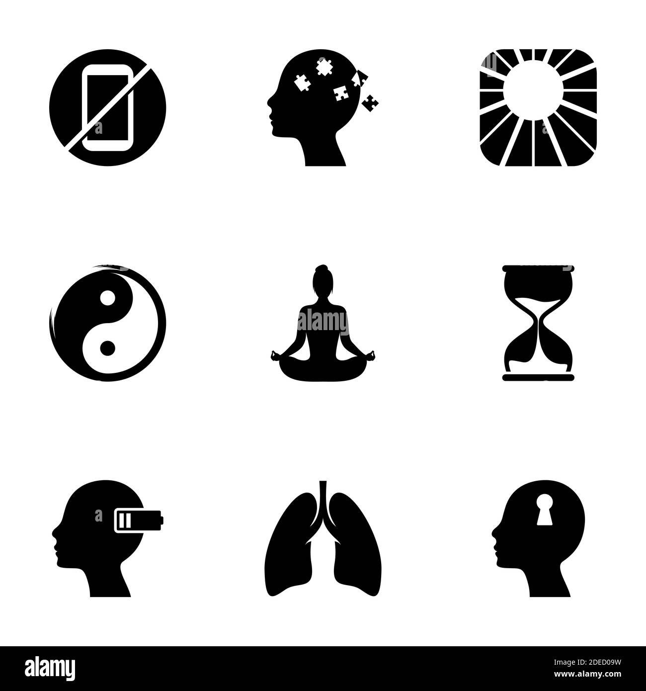 Satz von einfachen Symbolen auf einem Thema Meditation, Vektor, Design, Sammlung, flach, Zeichen, Symbol, Element, Objekt, Illustration, isoliert. Weißer Hintergrund Stock Vektor