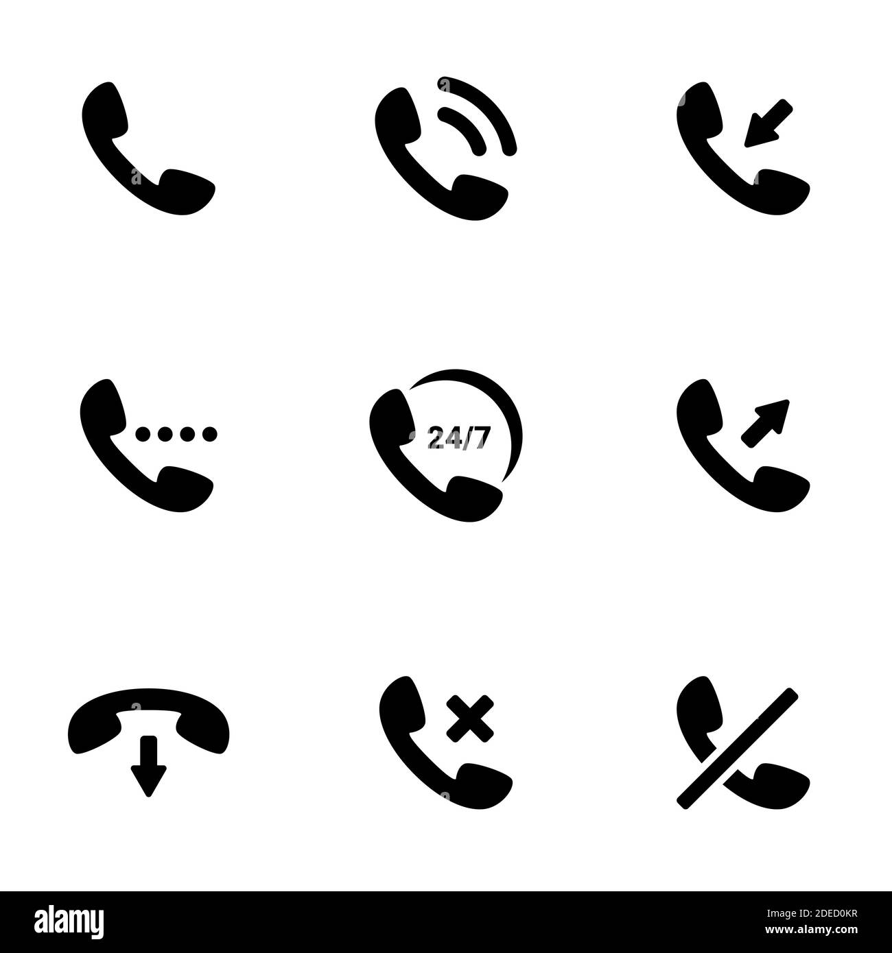 Satz von einfachen Symbolen auf einem Thema Telefonanruf, Vektor, Design, Sammlung, flach, Zeichen, Symbol, Element, Objekt, Illustration, isoliert. Weißer Hintergrund Stock Vektor