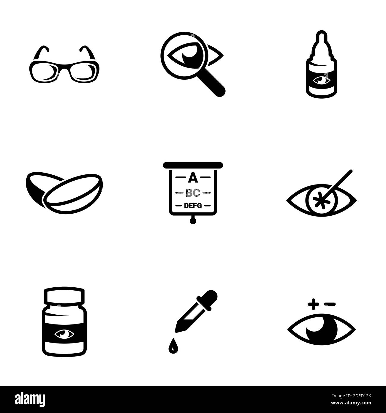 Satz von einfachen Symbolen auf einem Thema Optometrie, Vektor, Design, Sammlung, flach, Zeichen, Symbol, Element, Objekt, Illustration, isoliert. Weißer Hintergrund Stock Vektor