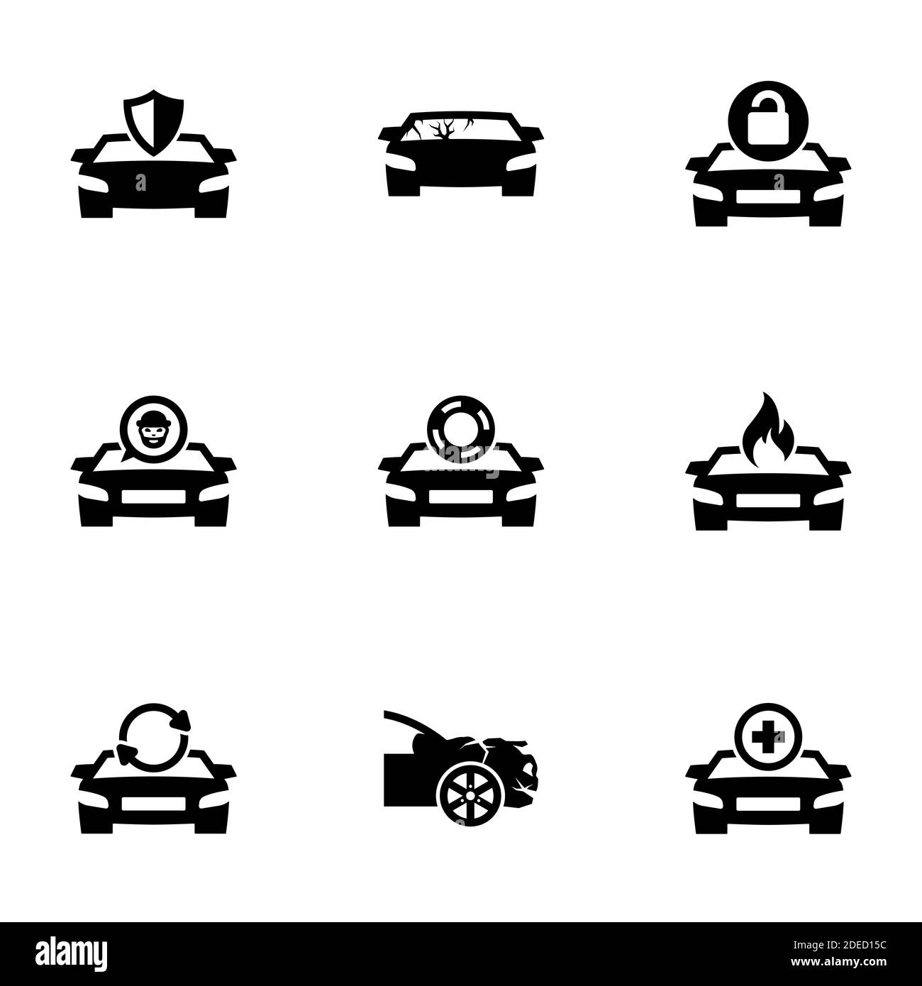 Satz von einfachen Symbolen auf einem Thema Autoversicherung, Vektor, Design, Sammlung, flach, Zeichen, Symbol, Element, Objekt, Illustration, isoliert. Weißer Hintergrund Stock Vektor