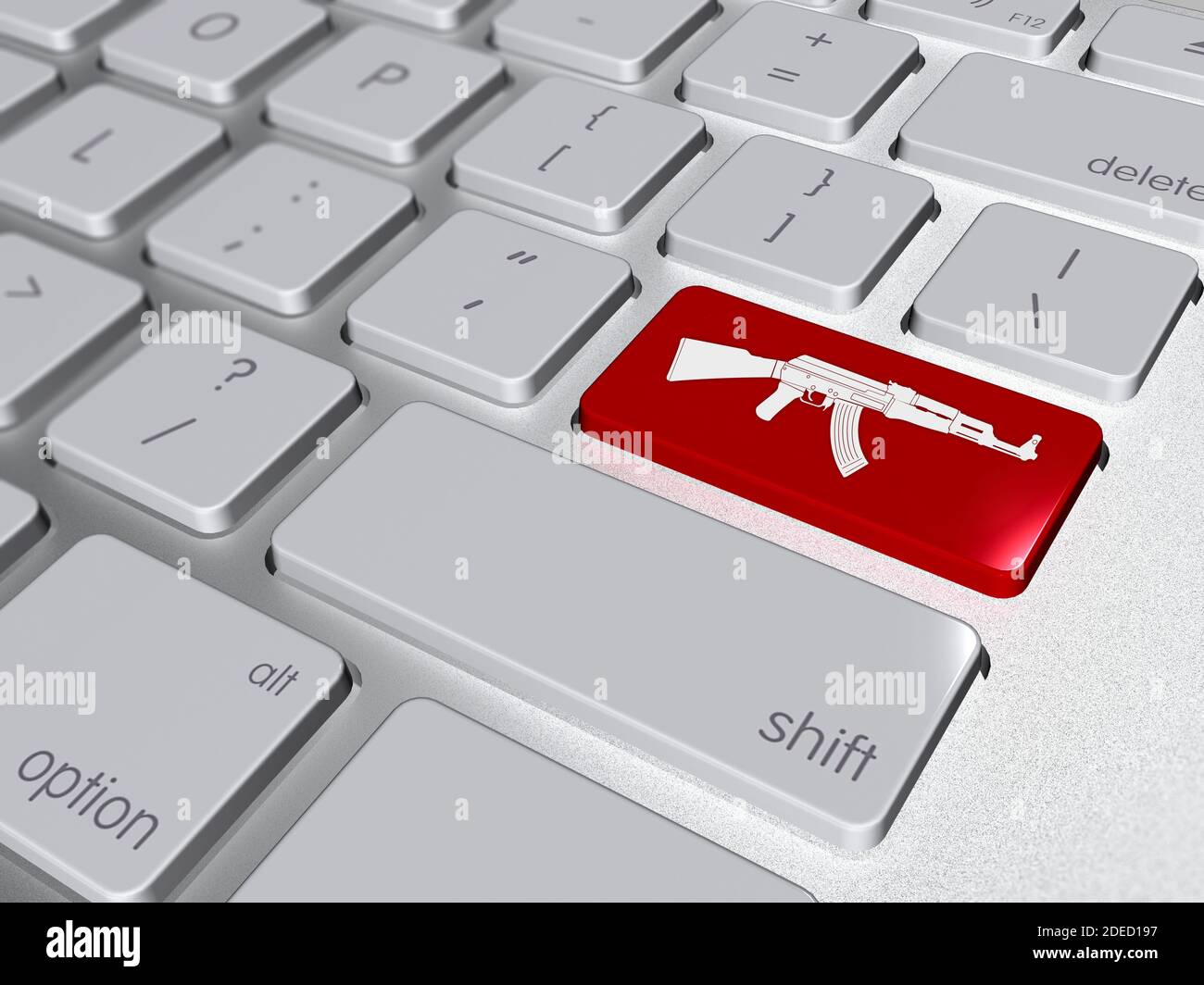 Rote Taste Enter auf der Computer-Tastatur mit Gewehr-Symbol, 3d-Abbildung Stockfoto
