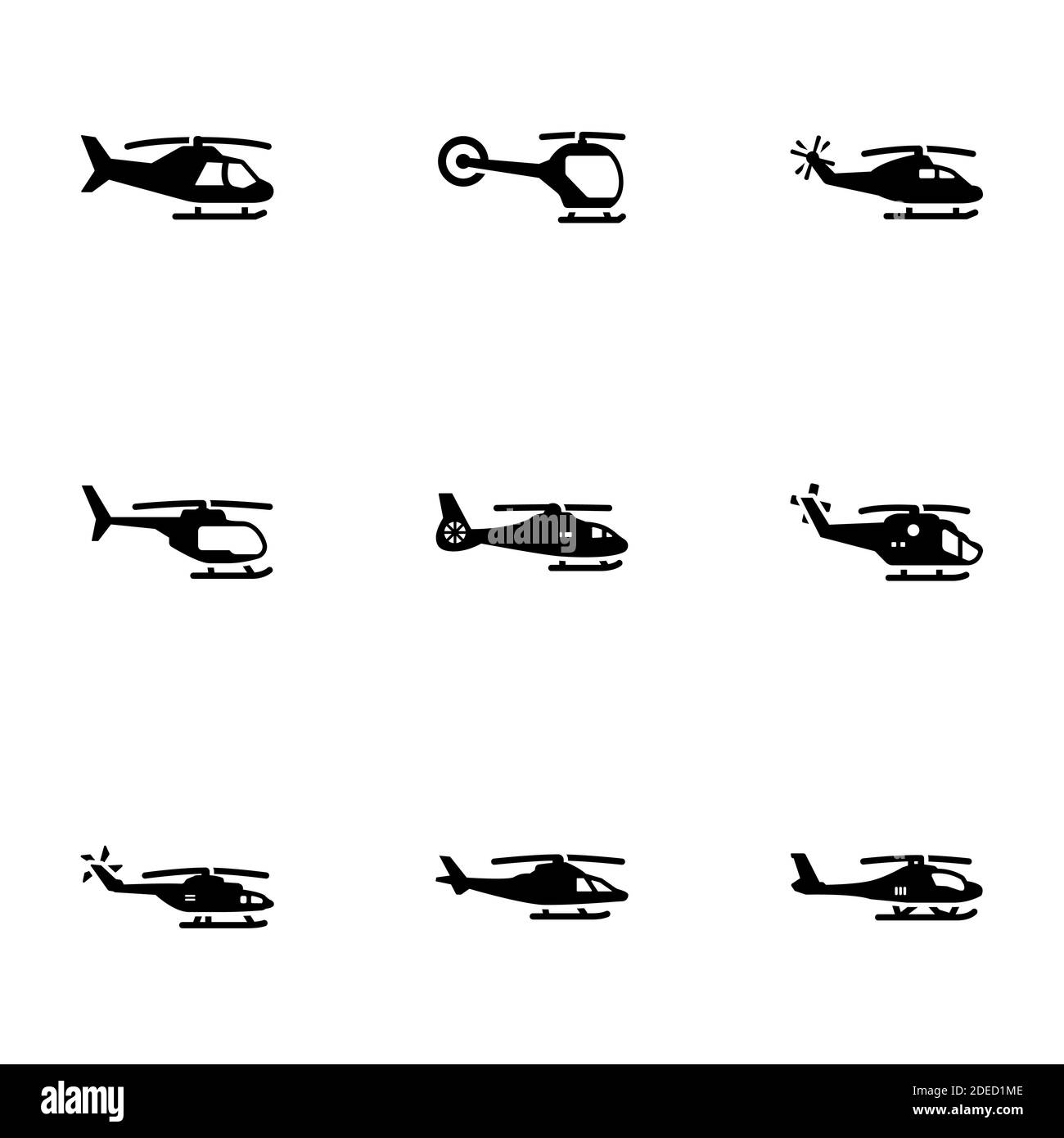 Set von schwarzen Symbolen isoliert auf weißem Hintergrund, auf Thema Hubschrauber Stock Vektor