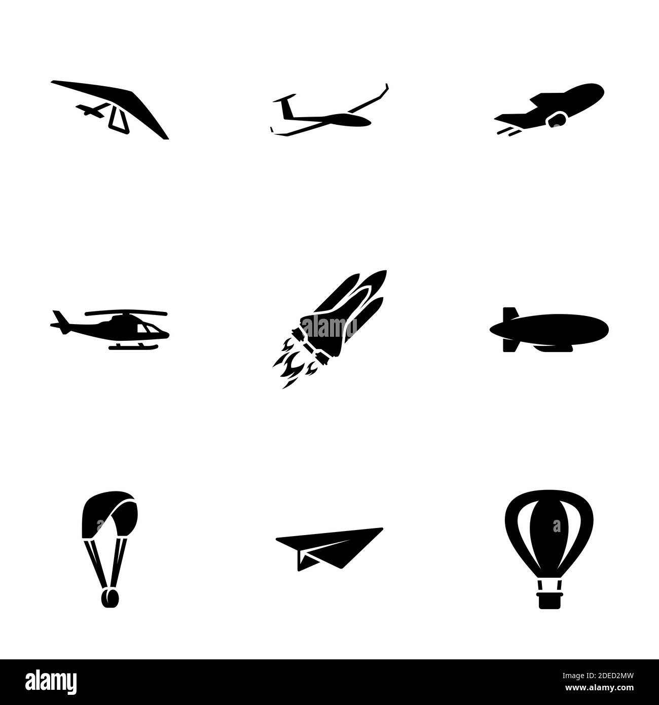 Satz von schwarzen Symbolen isoliert auf weißem Hintergrund, auf Thema Air Transport Stock Vektor