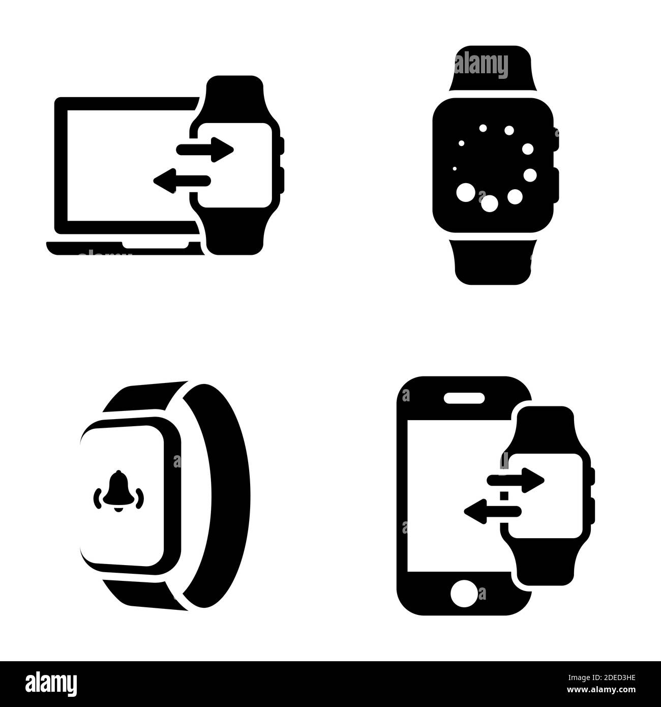 Satz von schwarzen Symbolen auf weißem Hintergrund isoliert, auf Thema Smart Watch Stock Vektor