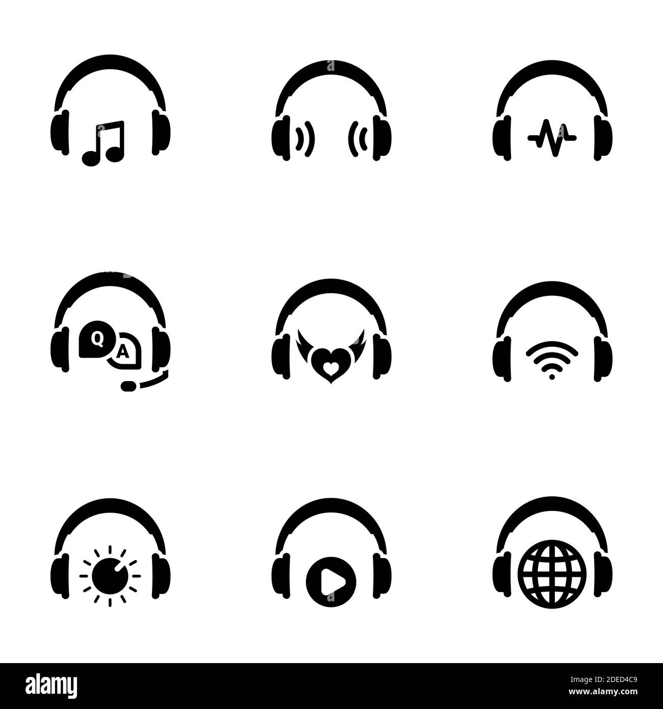 Set von schwarzen Symbolen auf weißem Hintergrund isoliert, auf Thema Kopfhörer Stock Vektor