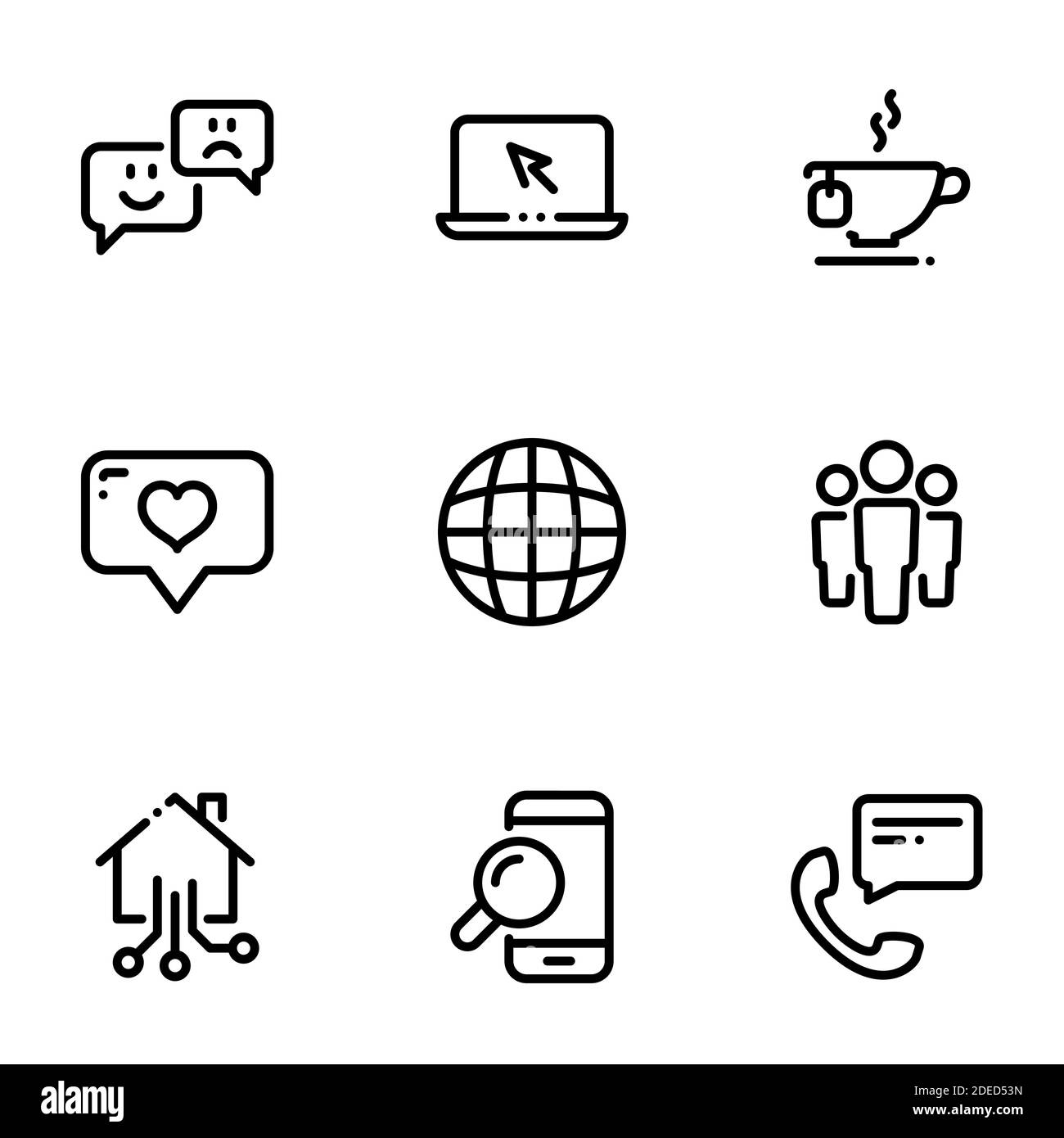 Satz von schwarzen Symbolen isoliert auf weißem Hintergrund, Thema Internet-Kommunikation Stock Vektor