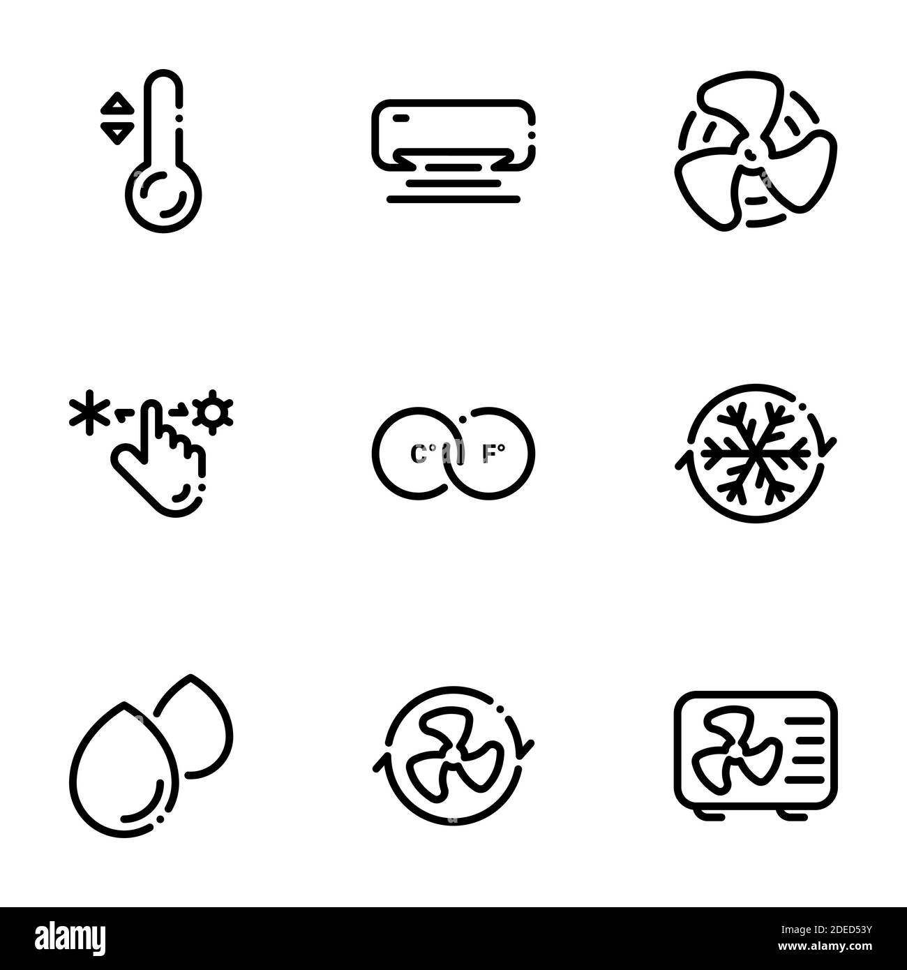 Set von schwarzen Symbolen isoliert auf weißem Hintergrund, auf Thema Klimaanlage Stock Vektor