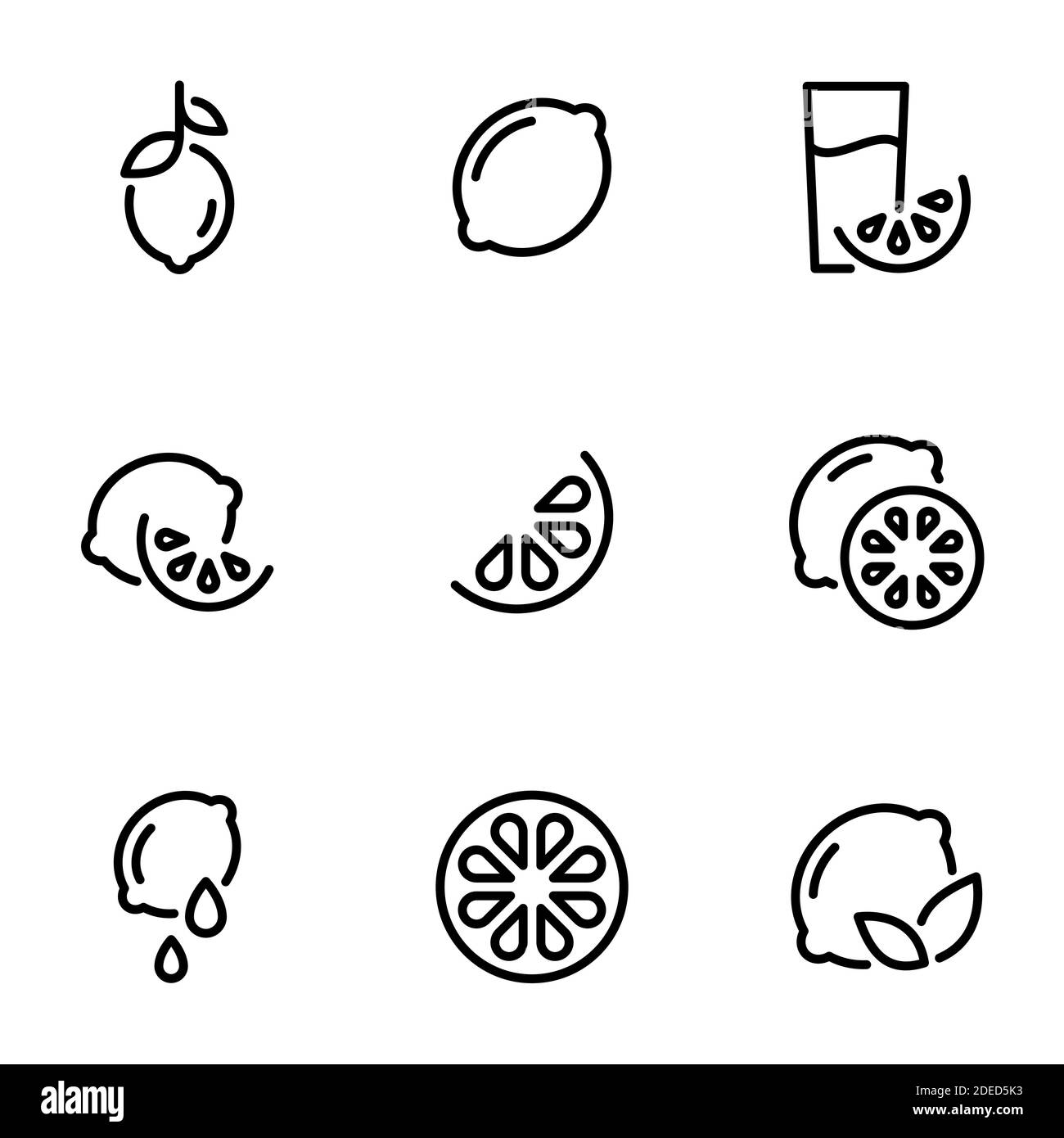 Set von schwarzen Symbolen isoliert auf weißem Hintergrund, auf Thema Zitrone, Limette Stock Vektor