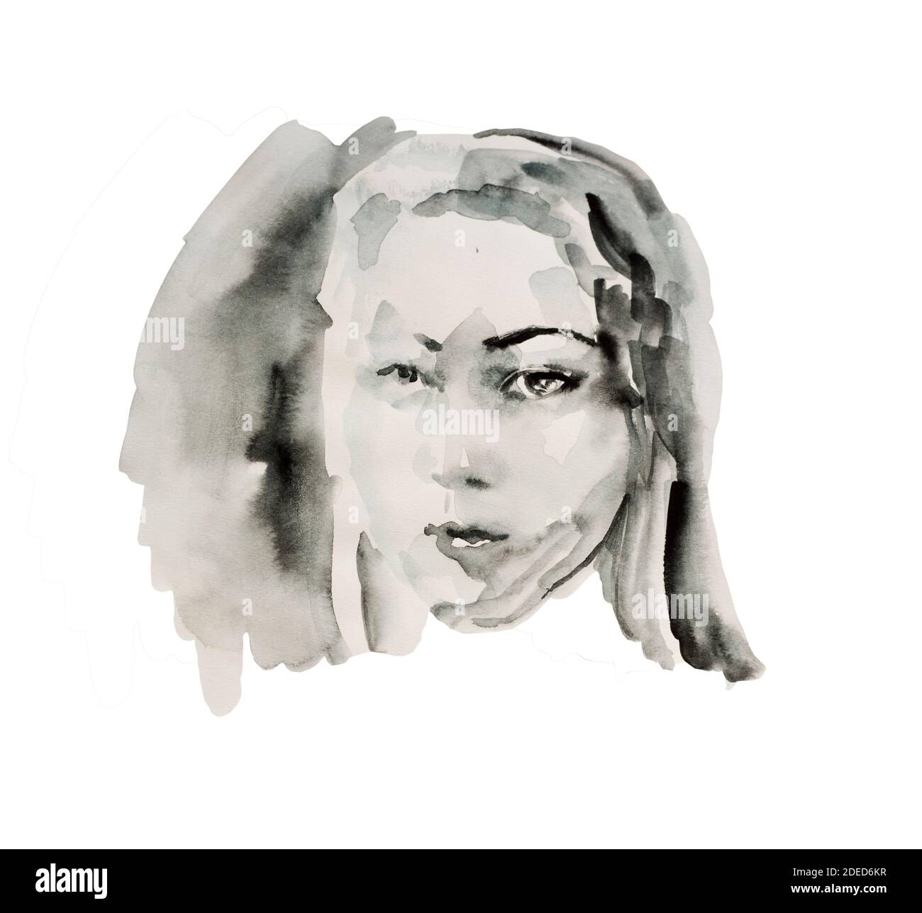 Nasse Tinte oder schwarz Aquarell abstrakt weiblich Portrait Skizze isoliert Auf weißem Hintergrund Stockfoto