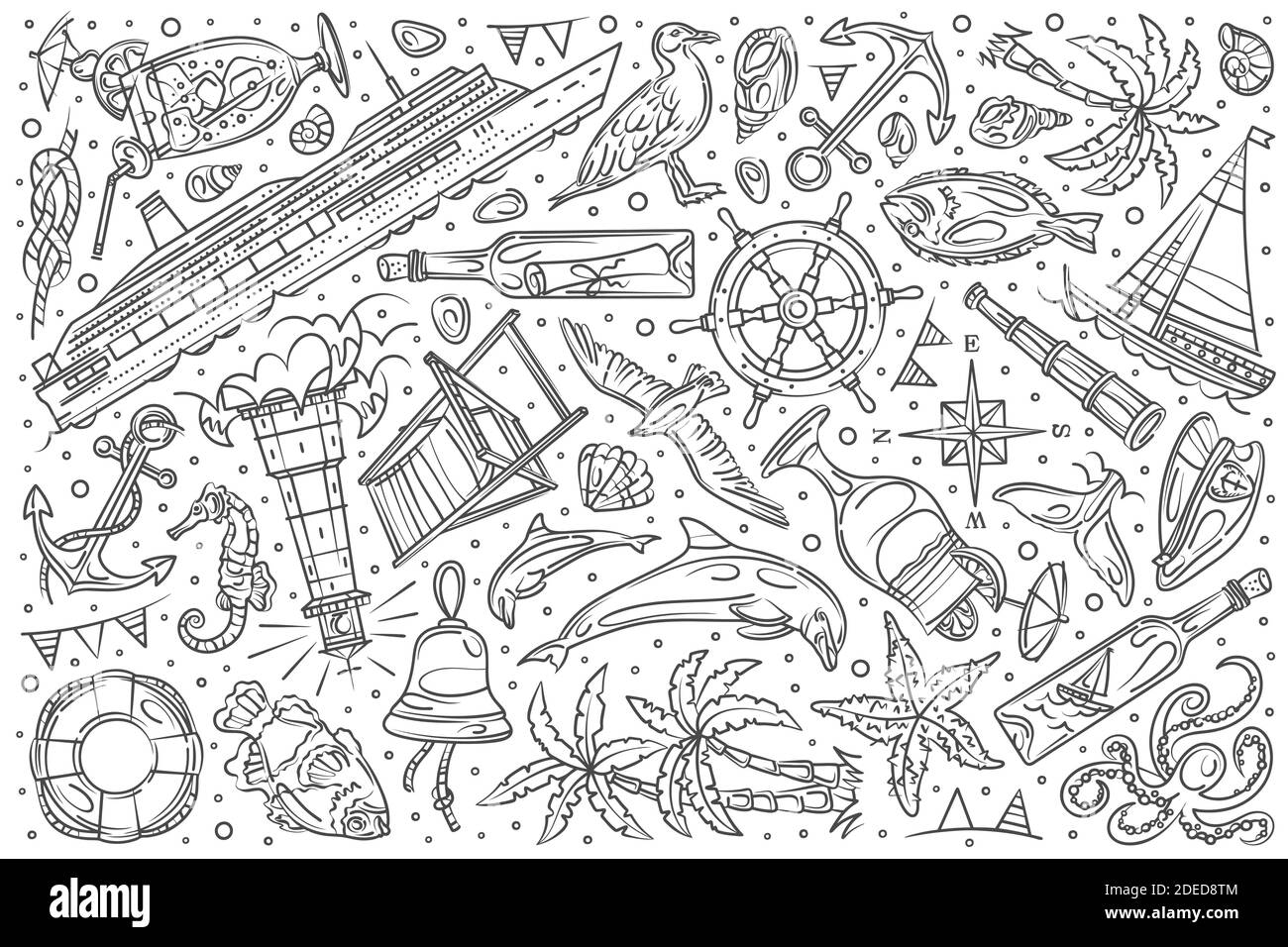 Hand gezeichnet Schiff Kreuzfahrt Set Doodle Vektor Illustration Hintergrund Stock Vektor