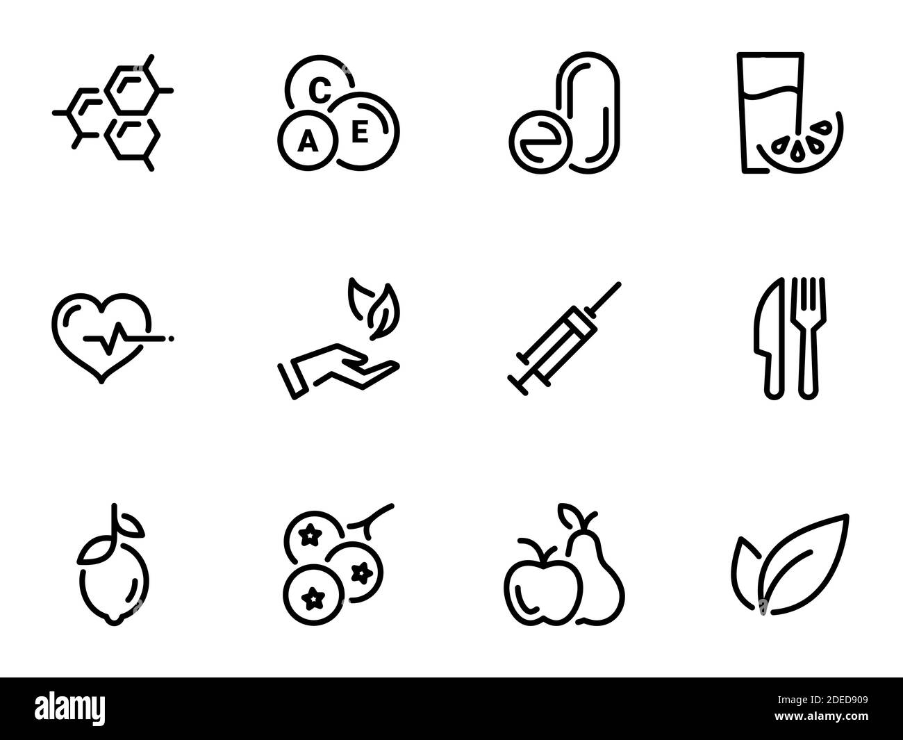 Satz schwarzer Vektorsymbole, isoliert vor weißem Hintergrund. Illustration zum Thema Vitamine und Nahrungsergänzungsmittel. Natürlich und chemisch Stock Vektor