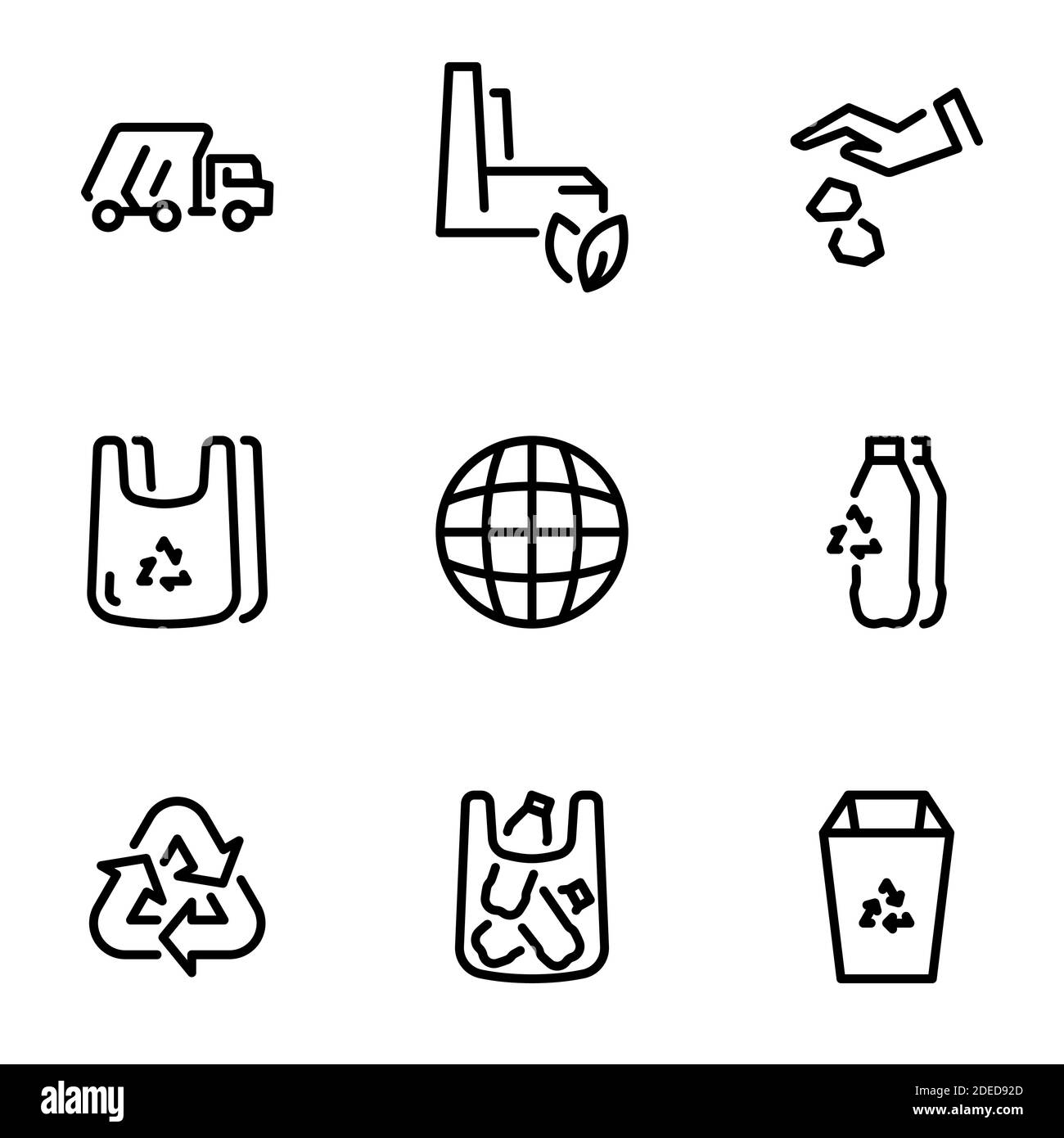 Set von schwarzen Vektor-Icons, isoliert auf weißem Hintergrund, zum Thema Recycling von Plastikmüll und Transport Stock Vektor
