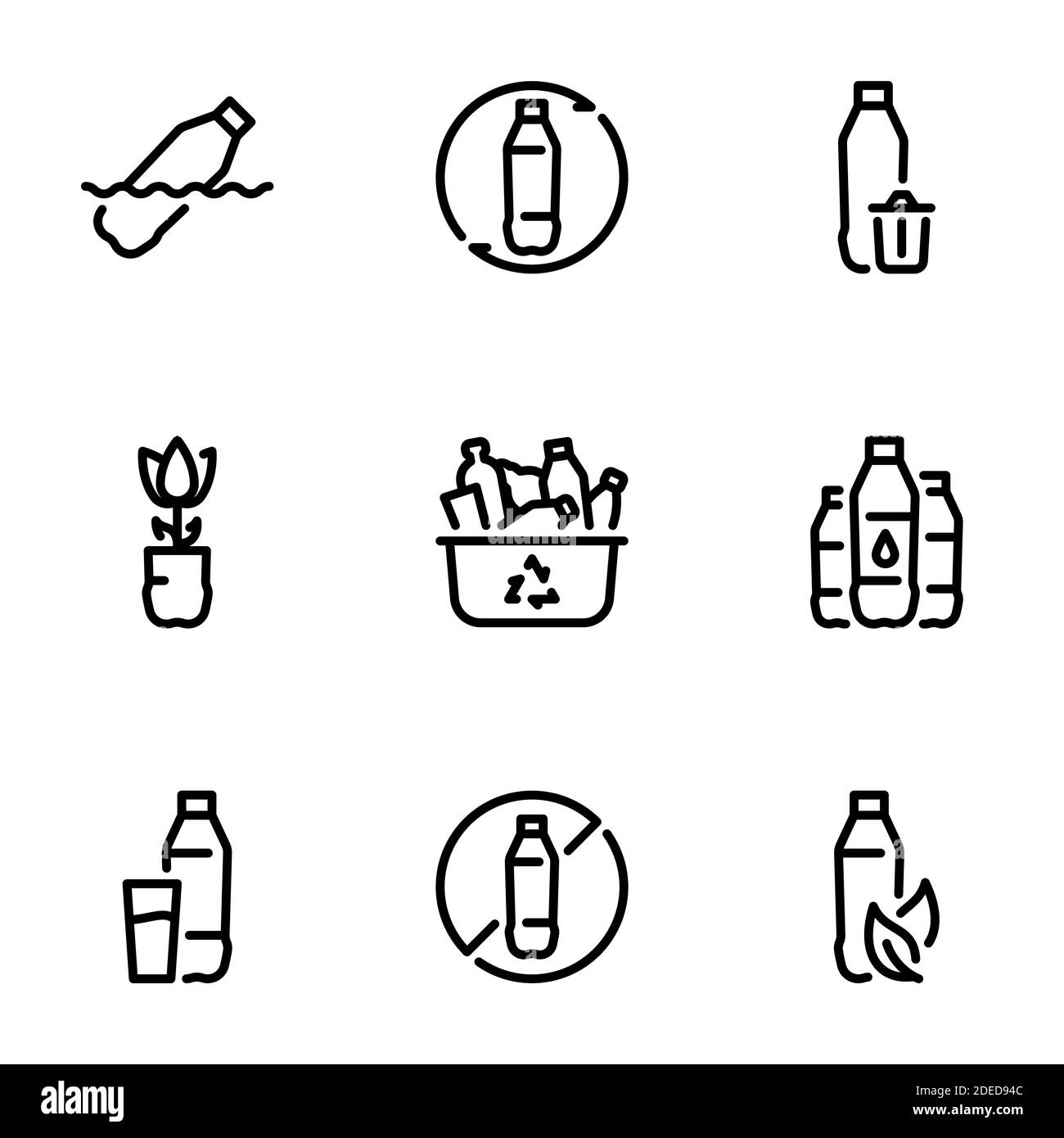 Set von schwarzen Vektor-Symbole, isoliert auf weißem Hintergrund, auf Thema Kunststoff, moderne Umweltproblem Stock Vektor