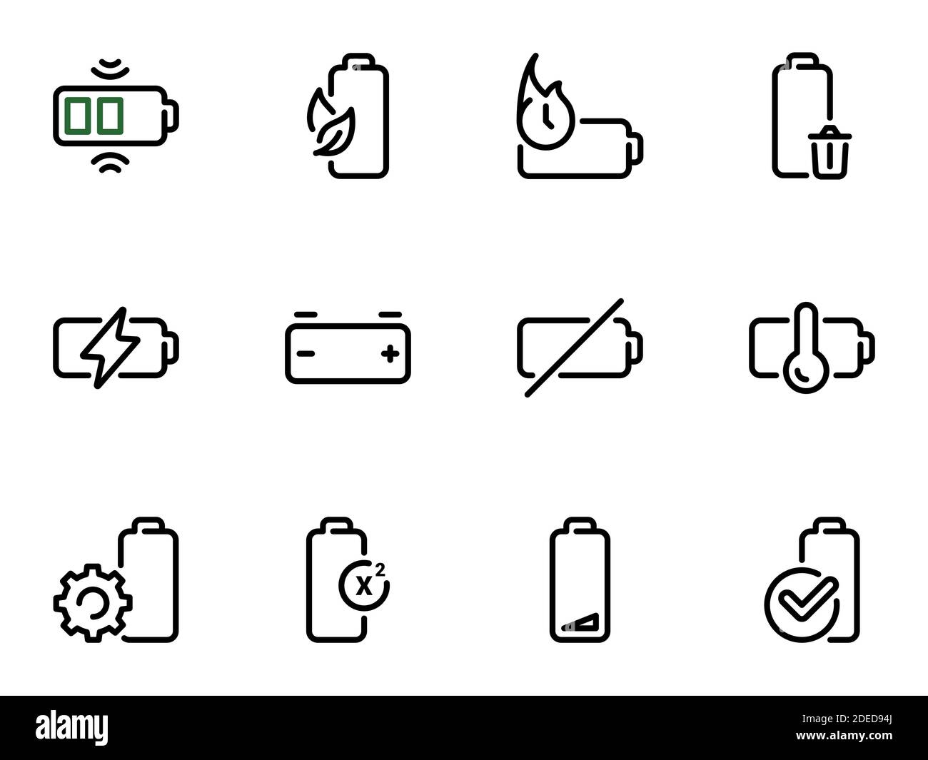 Set von schwarzen Vektor-Symbole, isoliert auf weißem Hintergrund, Thema Laden und die Verwendung der Batterie Stock Vektor