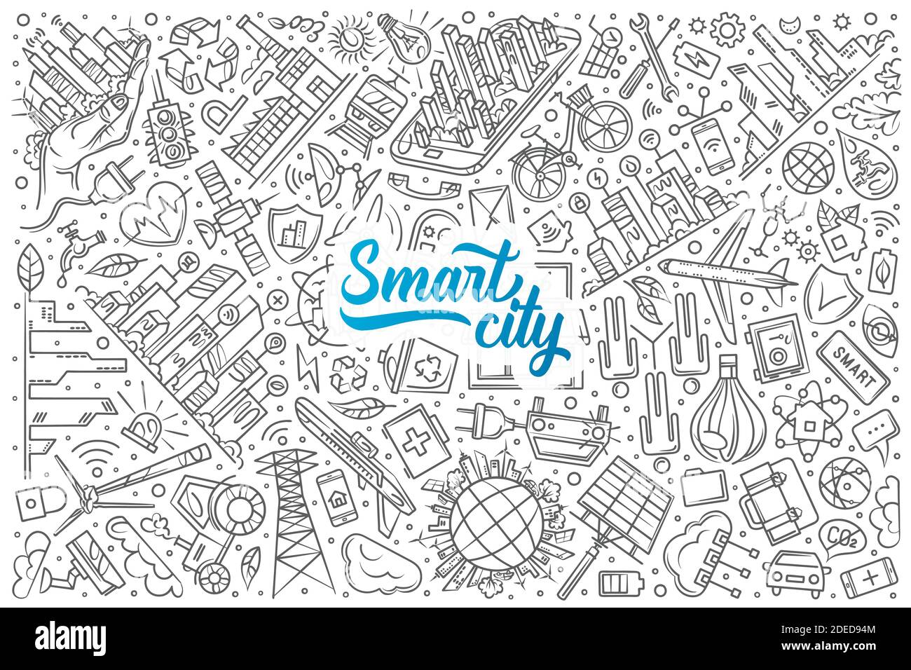 Hand gezeichnet Smart City set Doodle Vektor Illustration Hintergrund Stock Vektor