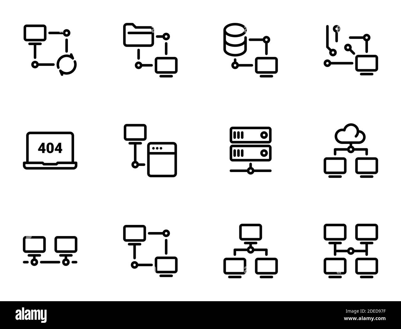 Satz schwarzer Vektorsymbole, isoliert vor weißem Hintergrund. Illustration zu einem Thema Server, Speicherung und Aktualisierung von Daten Stock Vektor