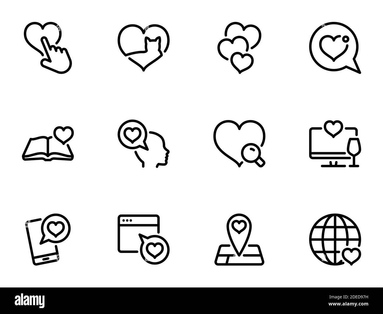 Satz schwarzer Vektorsymbole, isoliert vor weißem Hintergrund. Illustration zu einem Thema Liebe suchen Stock Vektor