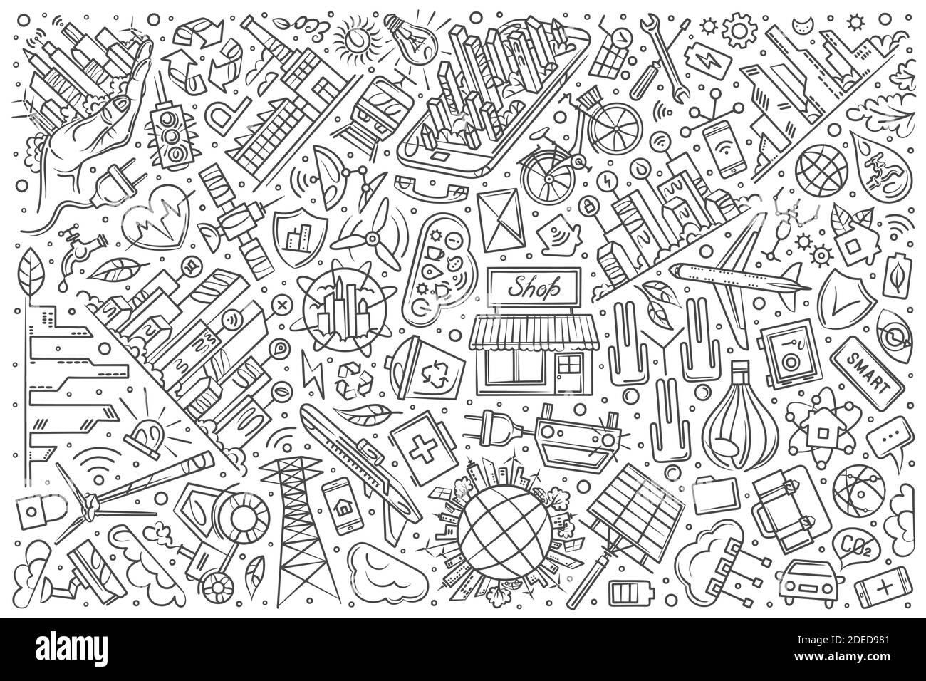 Hand gezeichnet Smart City set Doodle Vektor Illustration Hintergrund Stock Vektor