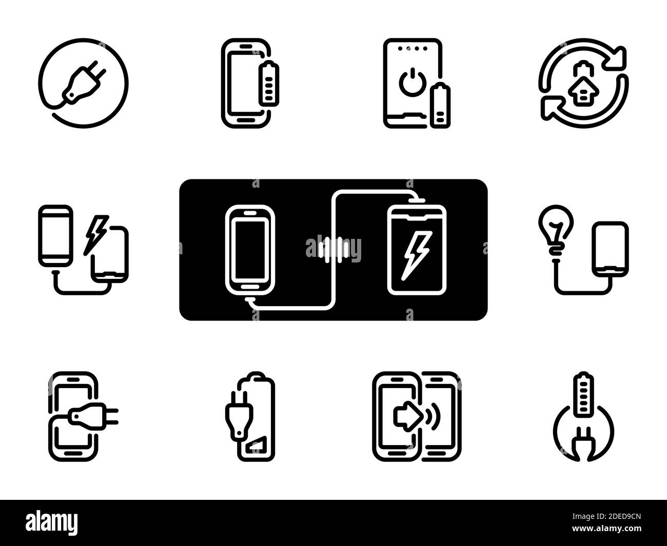 Satz schwarzer Vektorsymbole, isoliert vor weißem Hintergrund. Illustration zu einem Thema Laden Gadgets mit Power Bank Stock Vektor
