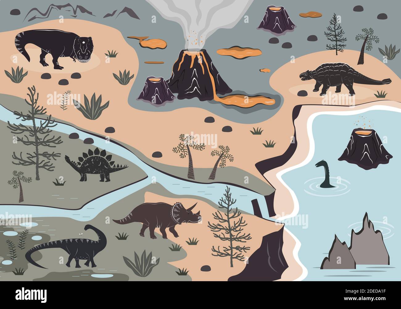 Cartoon Kinder Spielmatte mit Dinosaurier, Palmen und Vulkan Berge.  Vektorgrafik, Teppich oder Wandposter. Dino Hintergrund für die Kinder  Stock-Vektorgrafik - Alamy