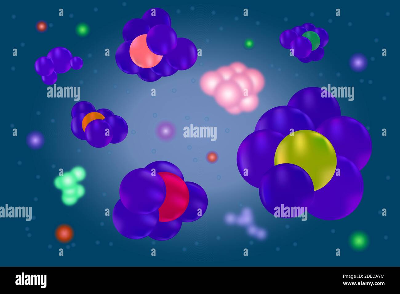 Moleküle mit blauem Hintergrund.Hintergrund mit bunten Atomen oder Zellen. Medizinisches Banner oder Flyer.Molekulare Struktur mit blauen sphärischen Partikeln.Vektor Stock Vektor