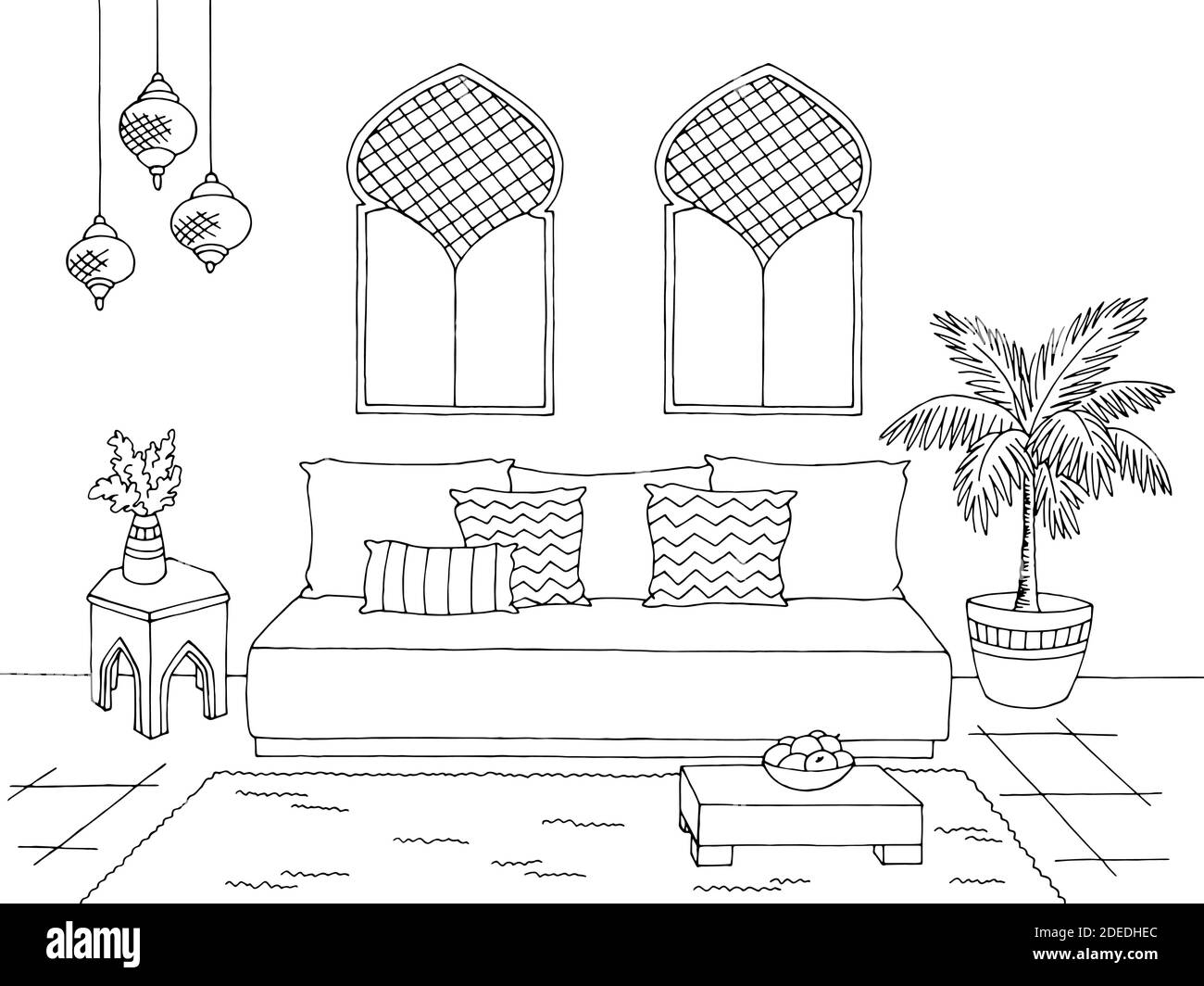 Wohnzimmer Grafik schwarz weiß arabisch Heim Interieur Skizze Illustration vektor Stock Vektor