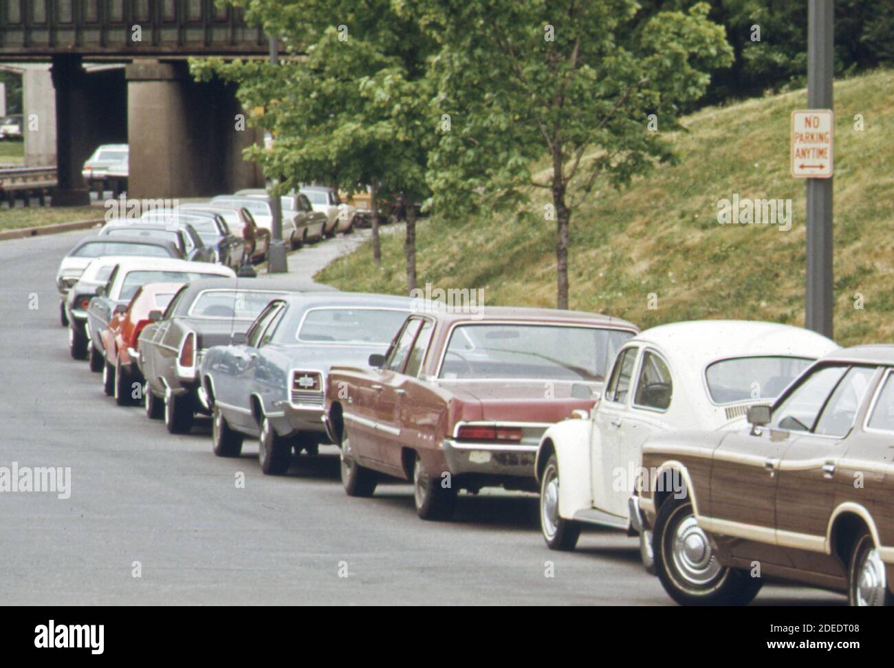 '''No parking'' Zonen; Verkehr ''Inseln''; Busspuren; Gehwege und Rasenflächen gehörten zu den Plätzen, die Autofahrer während eines Busstreiks in Washington angeeignet haben; District of Columbia; im Mai; 1974. Ca. 1974' Stockfoto