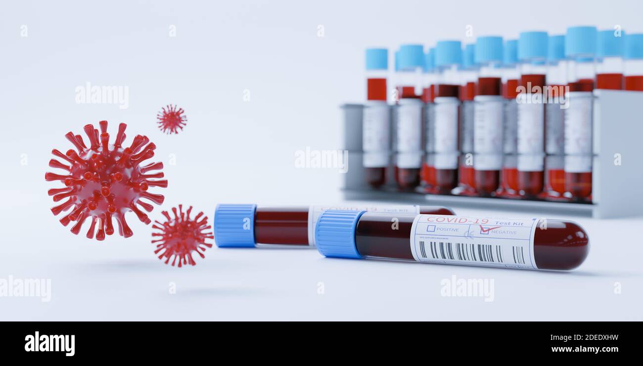Coronavirus Covid19 Reagenzgläser in einem Rack. Medizinisches Screening und Covid Tests Produktion 3d Rendering Stockfoto