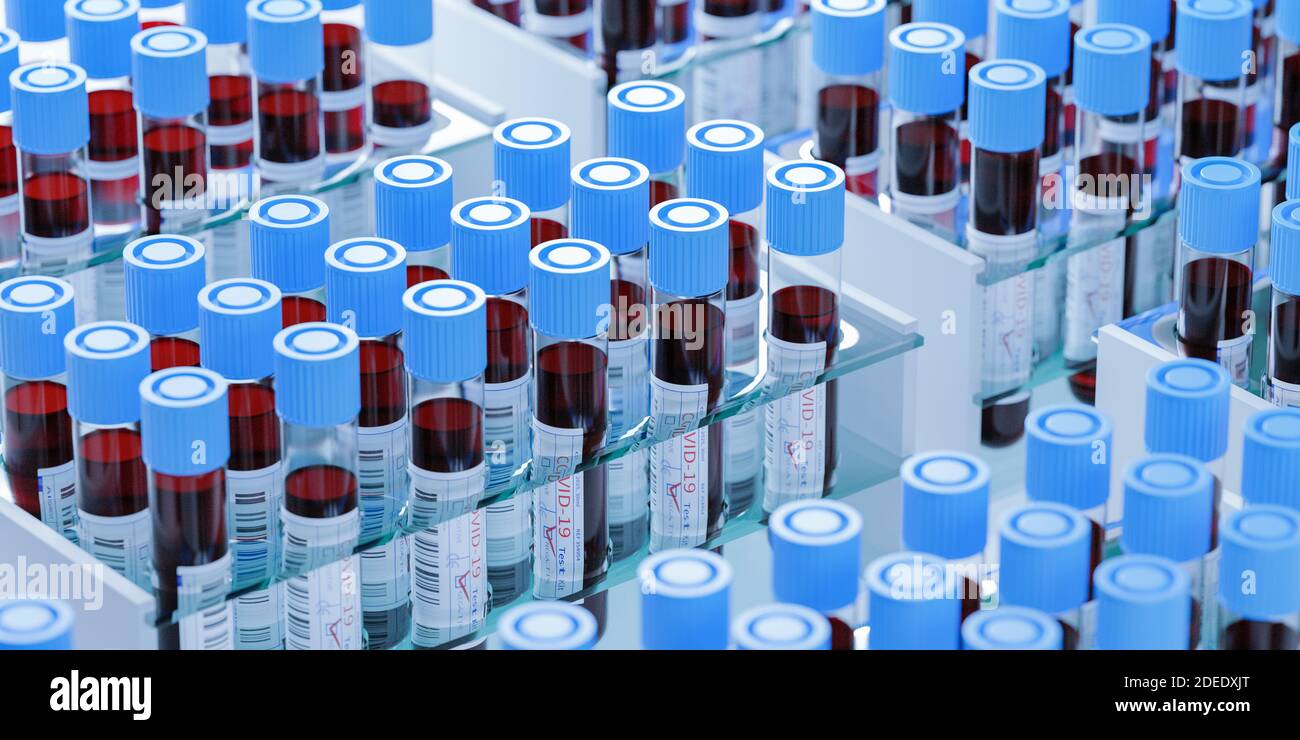 Coronavirus Covid19 Reagenzgläser in einem Rack. Medizinisches Screening und Covid Tests Produktion 3d Rendering Stockfoto
