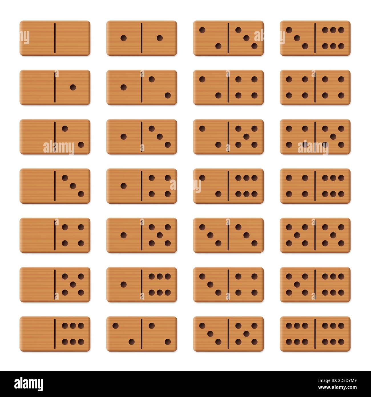 Dominoes - komplettes Spielset, Sammlung von 28 angeordneten Holz-Strukturfliesen - Illustration auf weißem Hintergrund. Stockfoto