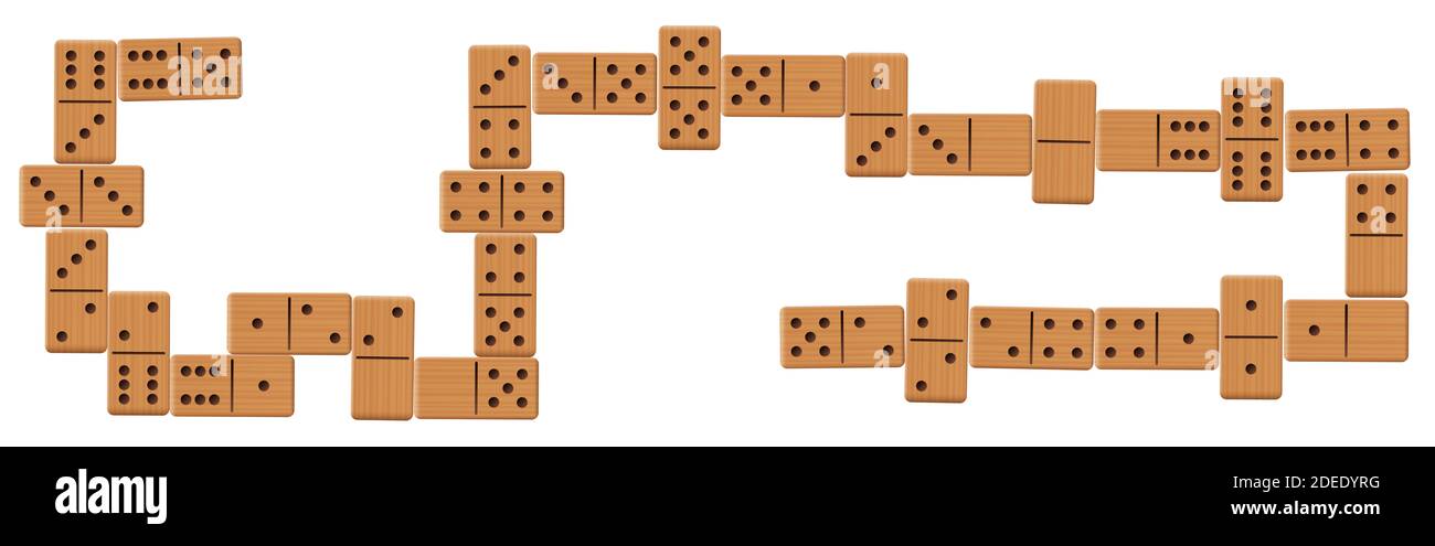 Domino Linie nach dem Spiel, komplettes fertiges Spielset mit allen 28 Holzteilen oder Knochen - Illustration auf weißem Hintergrund. Stockfoto