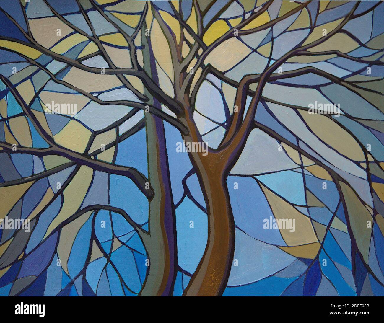 Oil painting of cedar tree in mosaic stained glass window style in shades of blue with some warm yellow and brown Stockfoto