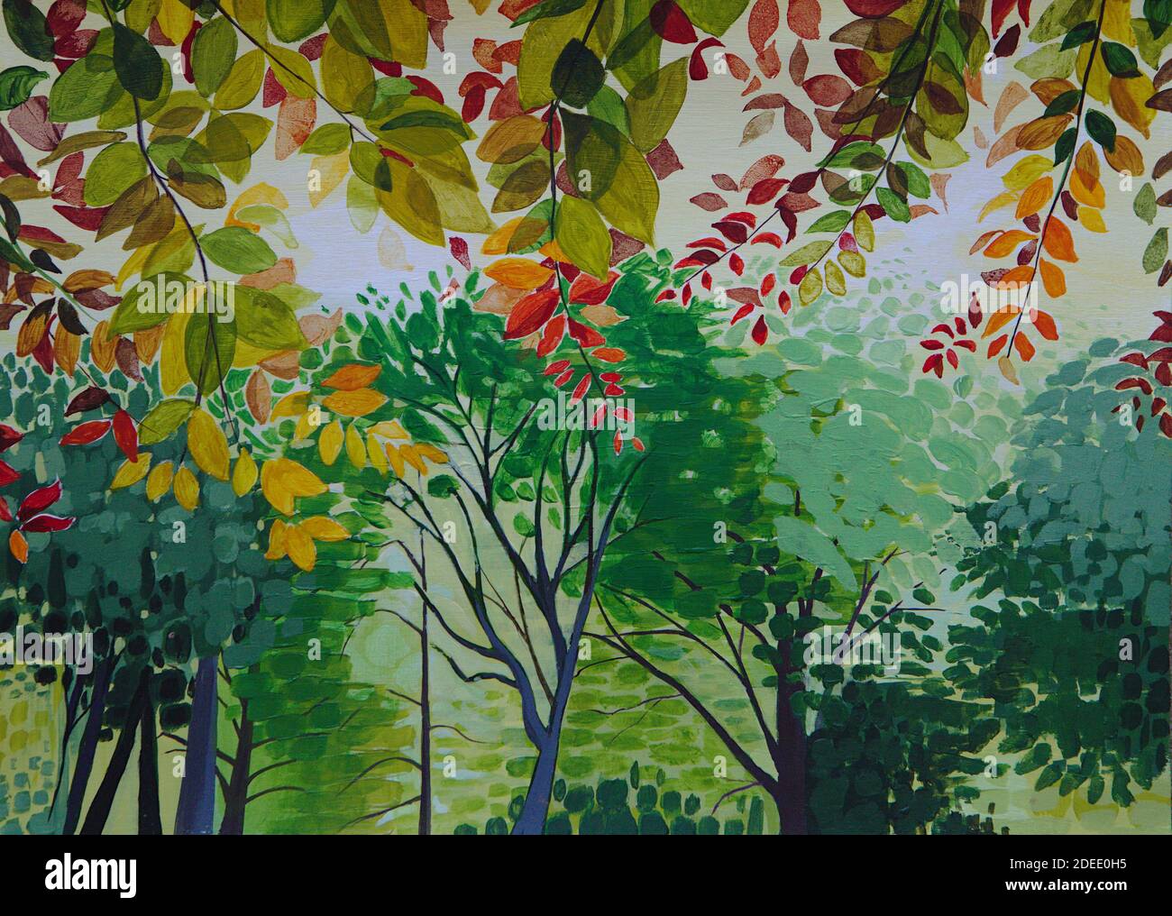 Acrylgemälde von Bäumen und Blättern in den Horniman Gärten In London Forest Hill Stockfoto