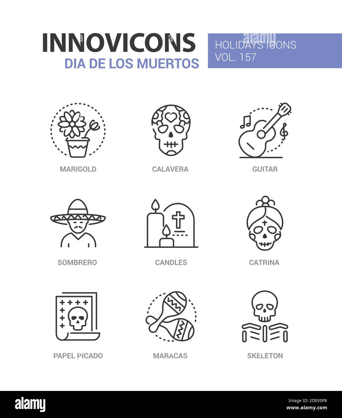 Dia de los Muetros - Moderne Linie Design Stil Ikonen gesetzt. Mexikanische Feiertage Zeichen, Traditionen und Symbole Idee. Ringelblume, Calavera, Gitarre, Sombrero, Dose Stock Vektor