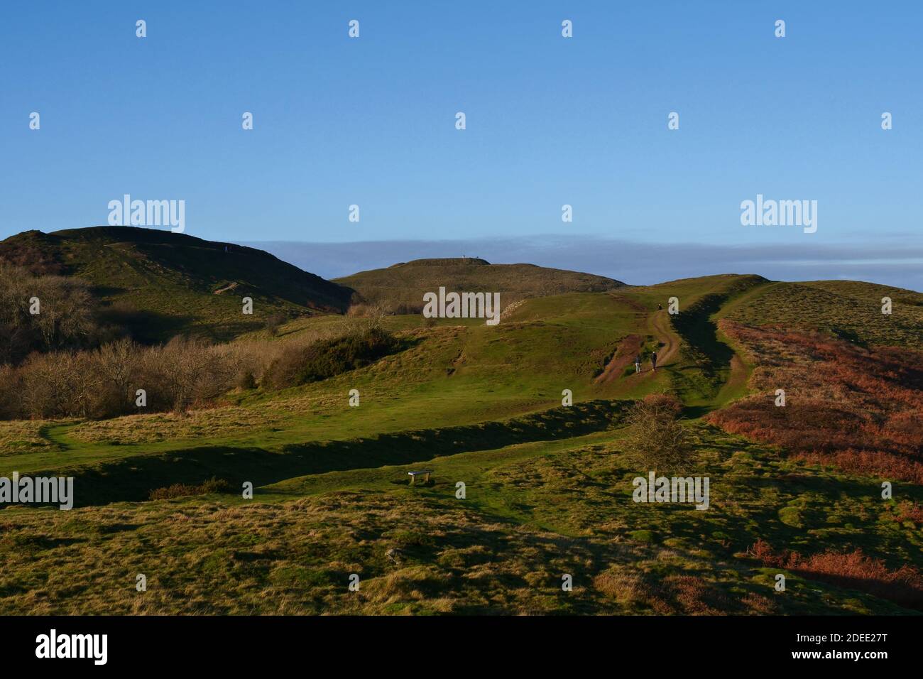 Wandern im British Camp, auf den Malvern Hills, in der Nähe von Ledbury, Herefordshire, England, Großbritannien Stockfoto