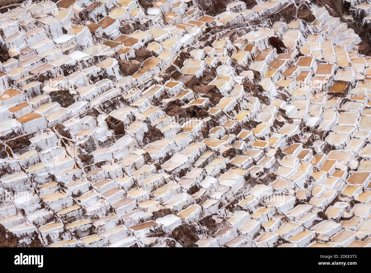 Luftaufnahme der Salzminen bei Salineras de Maras, Sacred Valley, Peru Stockfoto