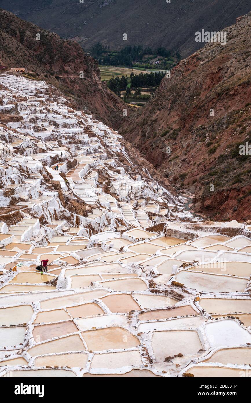 Erhöhter Blick auf die Salzminen bei Salineras de Maras, Sacred Valley, Peru Stockfoto