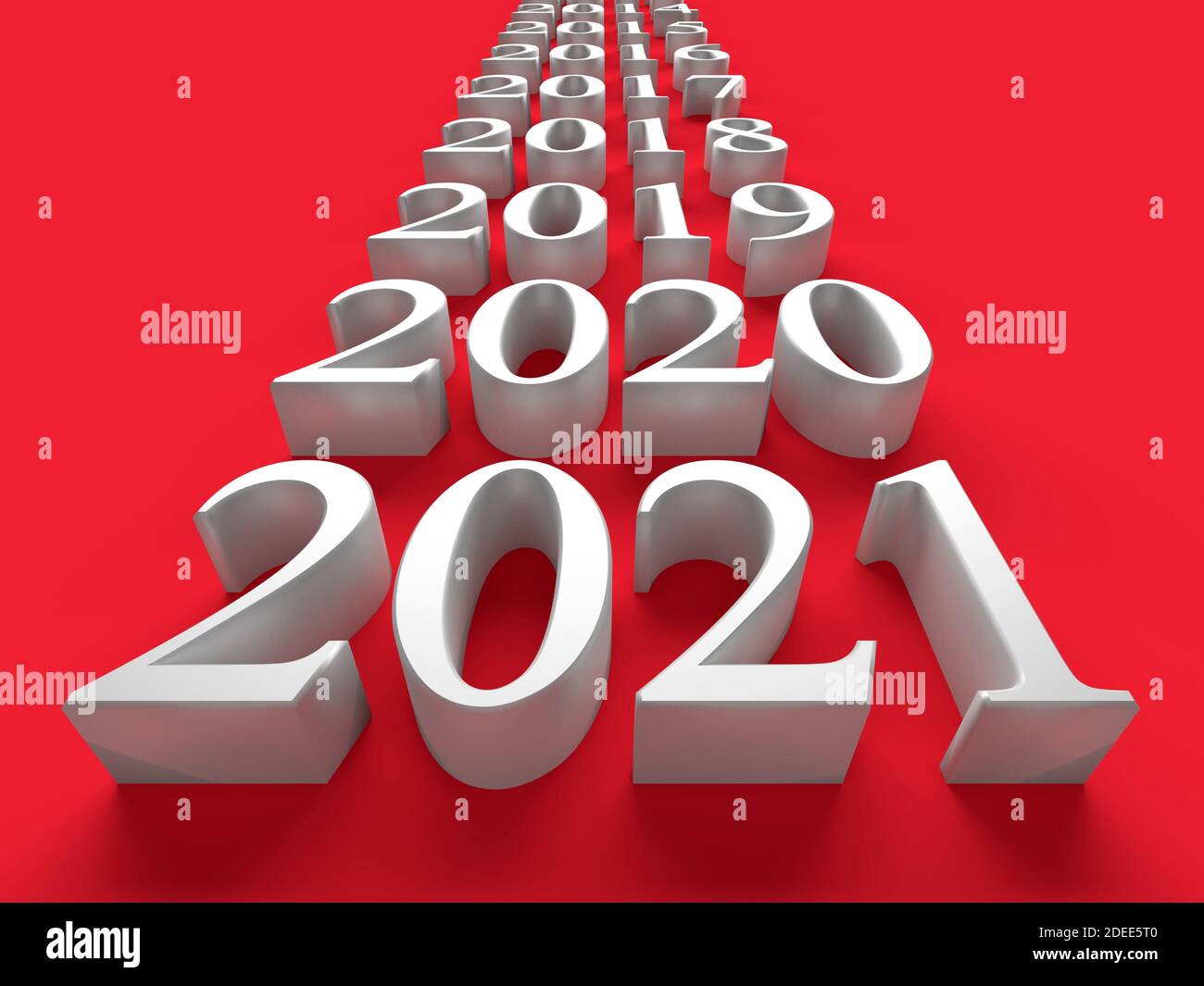 Weiße Zahl der neuen 2021 Jahre nahe alten Jahren auf rotem Hintergrund. 3d-Rendering Stockfoto