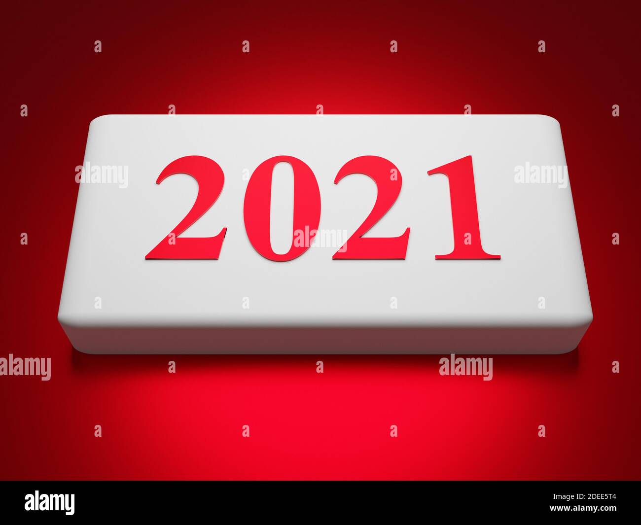Knopf mit der Nummer 2021 auf rotem Hintergrund. Konzept für das neue Jahr. 3d-Rendering Stockfoto