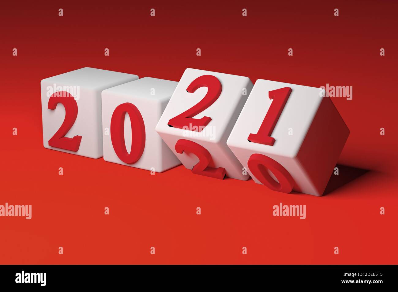 Konzept für das neue Jahr. Würfel mit der Nummer 2021 ersetzen 2020 auf rotem Hintergrund. 3d-Rendering Stockfoto