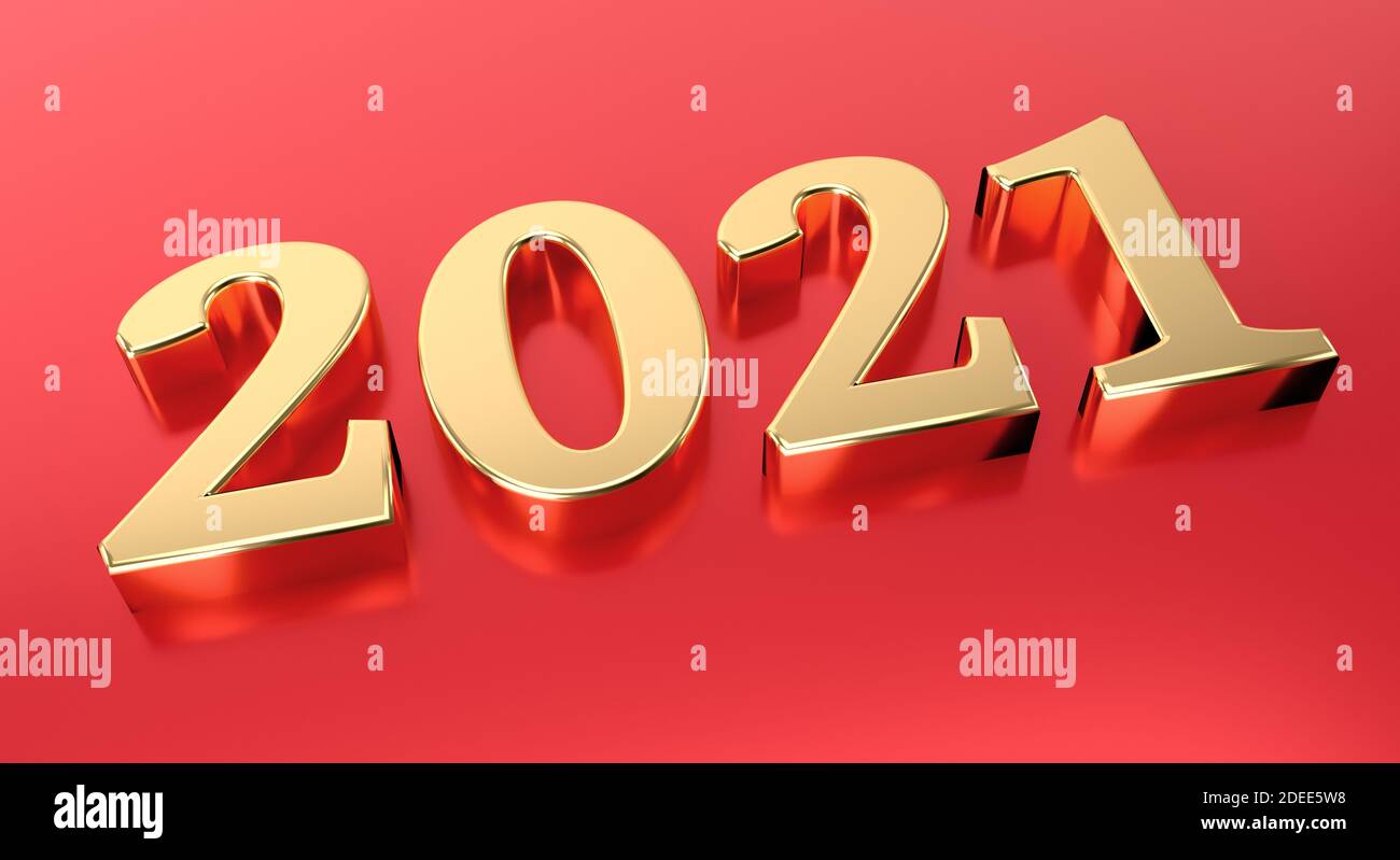 Konzept für das neue Jahr. Goldene Zahl 2021 auf rotem Hintergrund. 3d-Rendering Stockfoto
