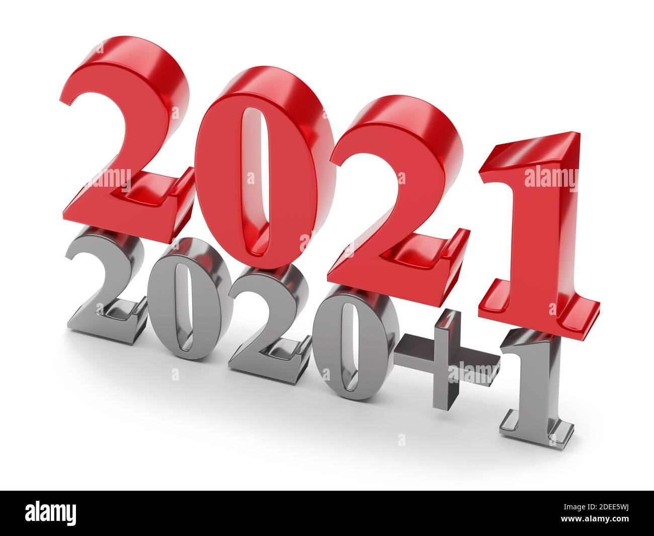 Konzept für das neue Jahr. Zahl 2020 plus 1 und rot 2021 isoliert auf weiß. 3d-Rendering Stockfoto