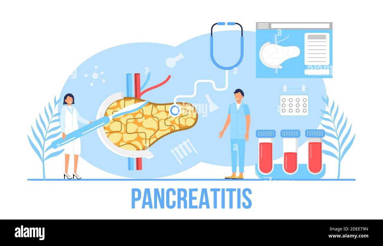 Pankreatitis Konzept Vektor. Pankreas Ärzte untersuchen. Winzige Therapeutin schaut durch eine Lupe auf das innere Organ. Gesundheitskonzept in der Wohnung Stock Vektor