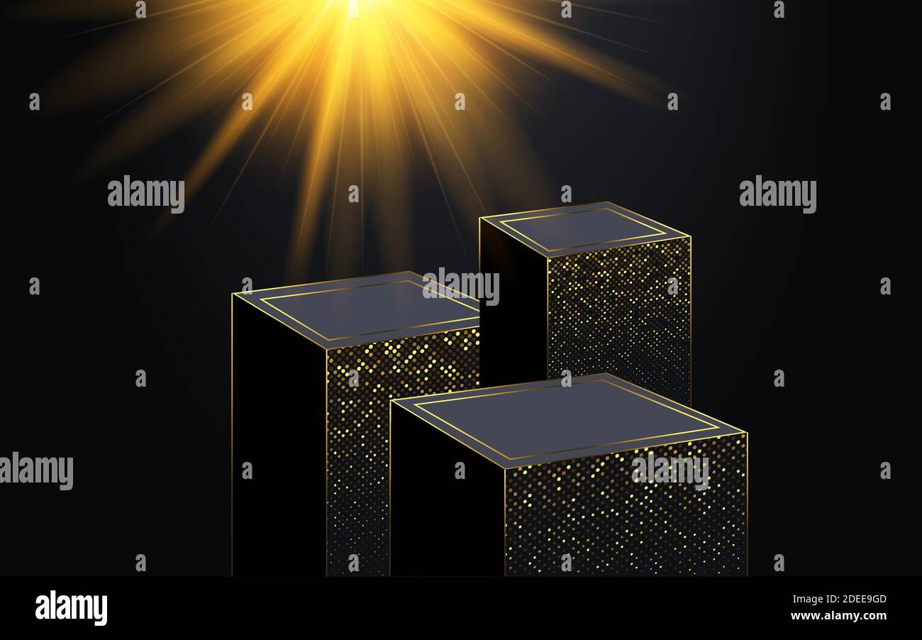 Quadratisches Podium, Podest oder Plattform, beleuchtet von Scheinwerfern auf schwarzem Hintergrund. Bühne mit szenischen Lichtern. Vektorgrafik. EPS 10 Stock Vektor