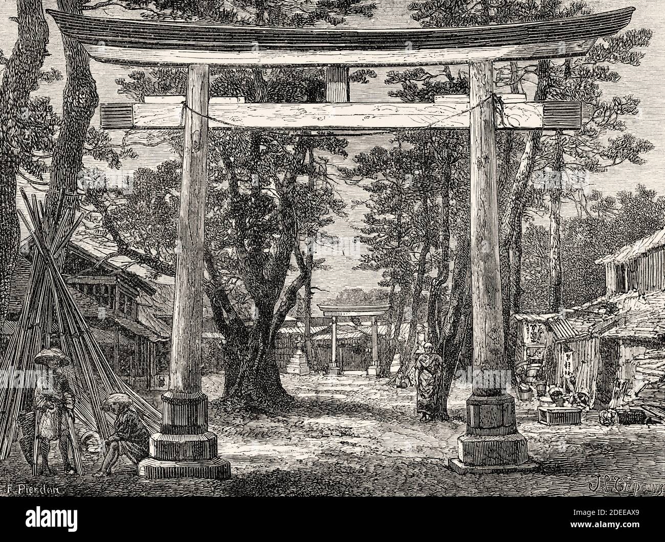 Tori oder heiliges Tor in Benten, Yokohama, Japan. Alte Illustration aus dem 19. Jahrhundert Reise nach Japan von Aime Humbert aus El Mundo en La Mano 1879 Stockfoto